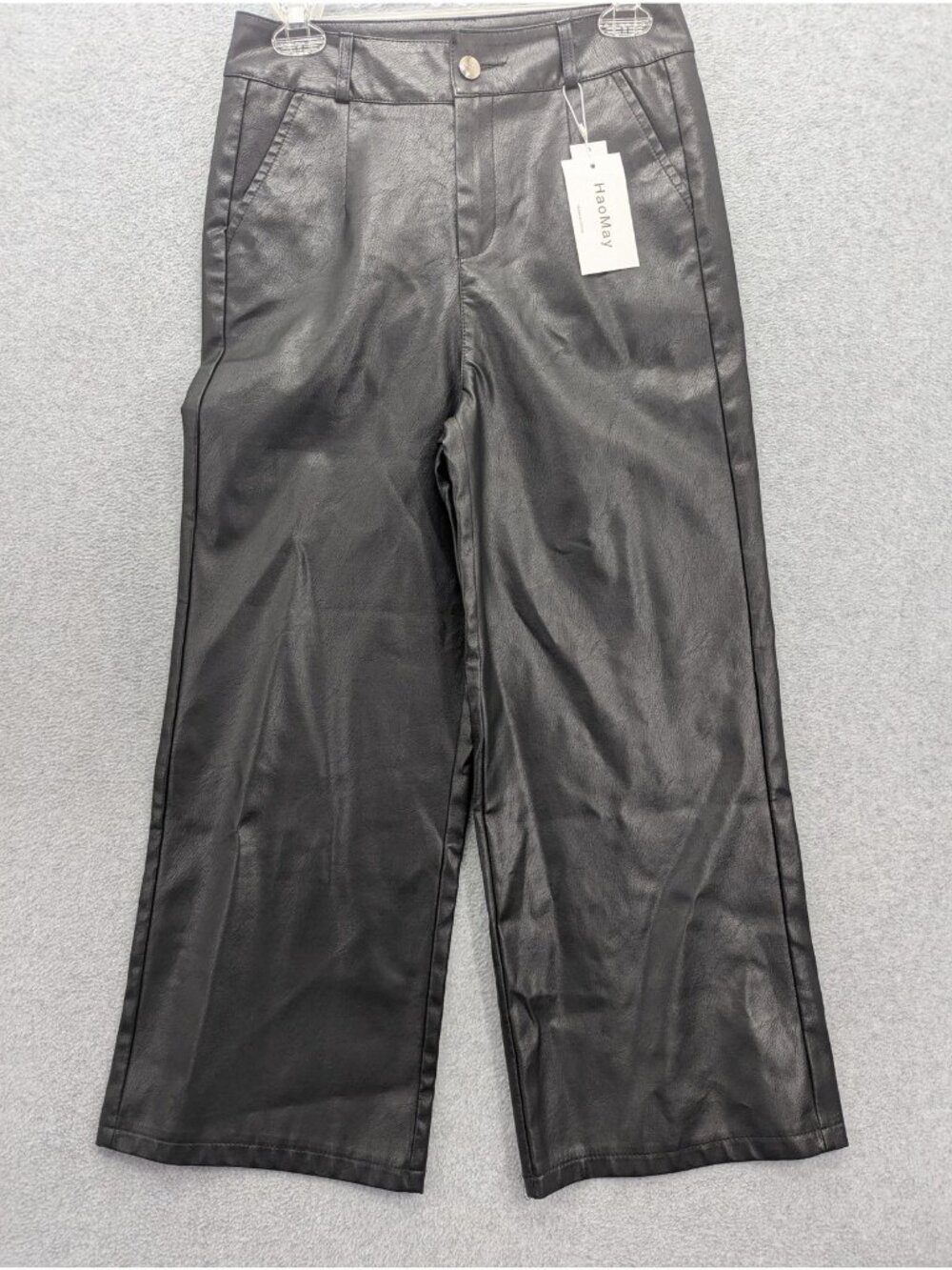HaoMay Pants Womens XS Black Faux Leather Coated Cropped Wide Leg Stretch